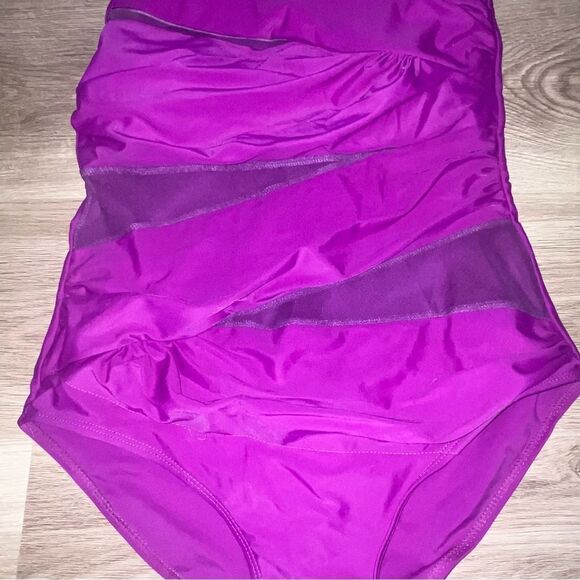 Women's Bright Magenta Purple Asymetrical One Piece Swimsuit - Picture 5 of 9